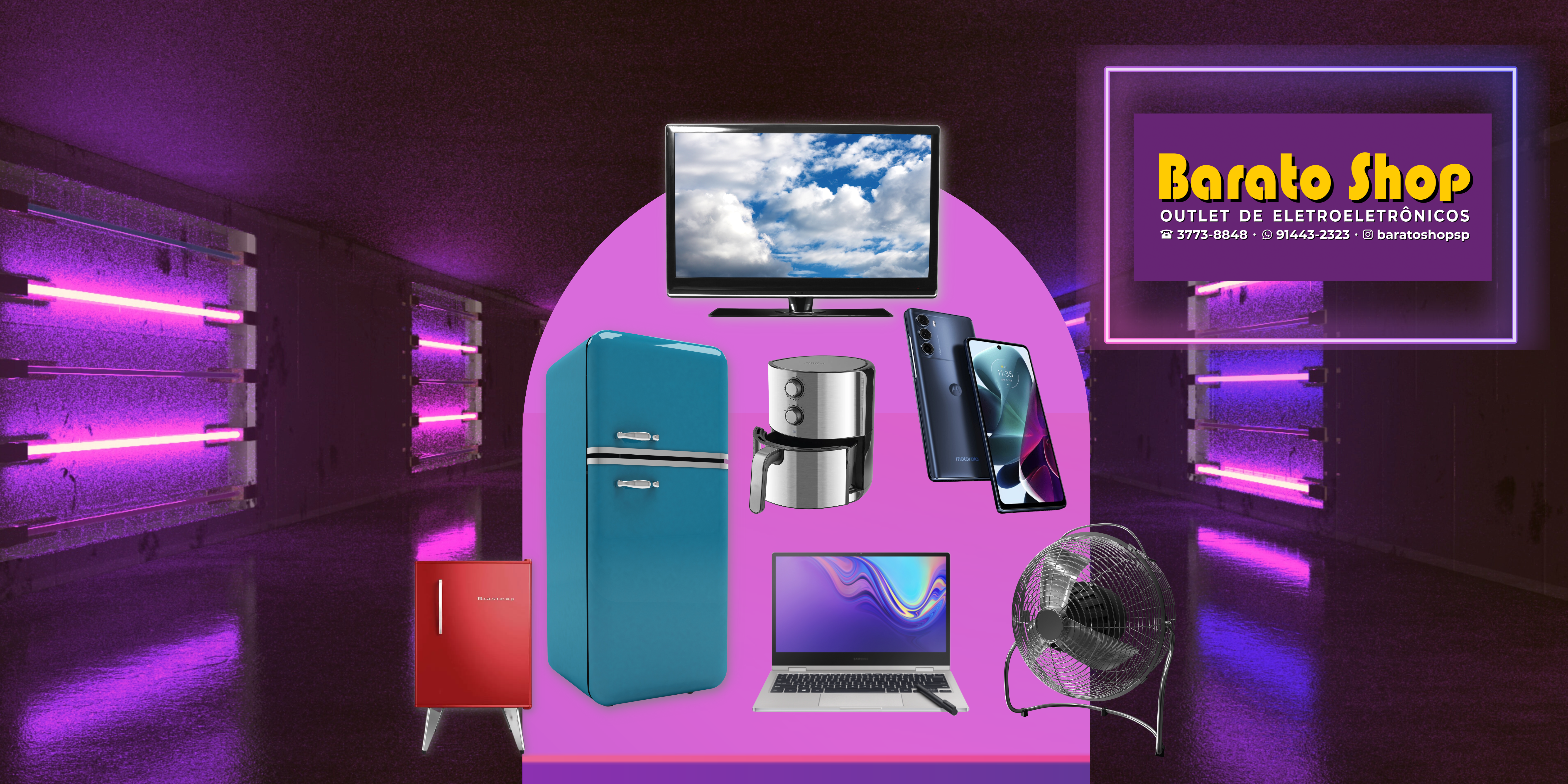 Banner com produtos em destaque: Geladeira, Frigobar, Notebook, Smartphone, Ventilador e Air Fryer